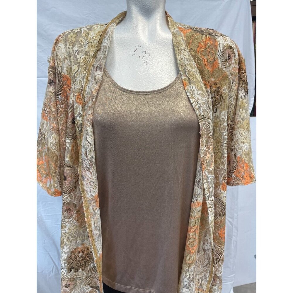 2 Pieces Set Chicos Womens Brown Shimmery Tank Top with‎ Floral Cardigan Size 2